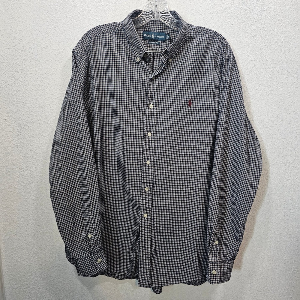 Ralph Lauren Mens XL Classic Fit Shirt Navy Blue White Micro Check Long Sleeve